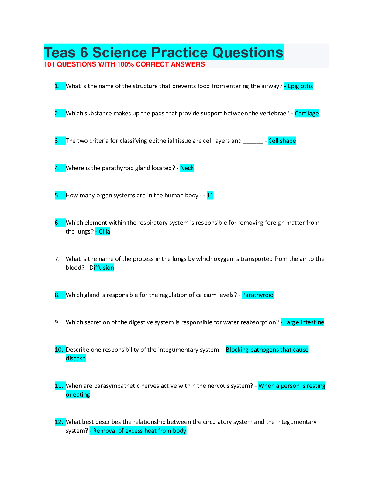 Preview image for Teas 6 Science Practice Questions 101 QUESTIONS WITH 100% CORRECT ANSWERS